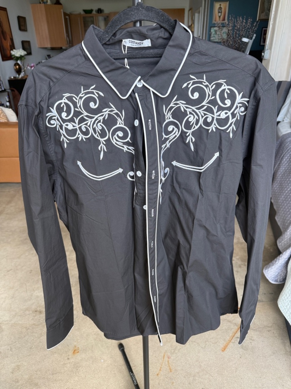 Cofandy Black Western Embroidered Dress Shirt